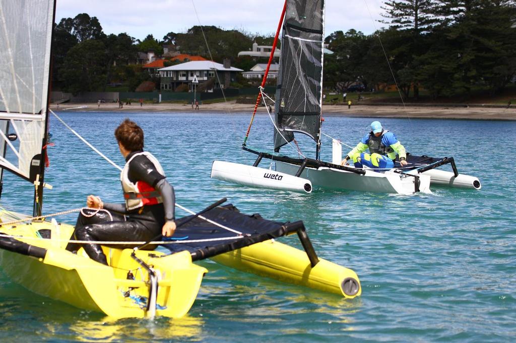 Launching and getting sorted off Takapuna Beach - Weta Boat Test - November 2013 © Richard Gladwell www.photosport.co.nz